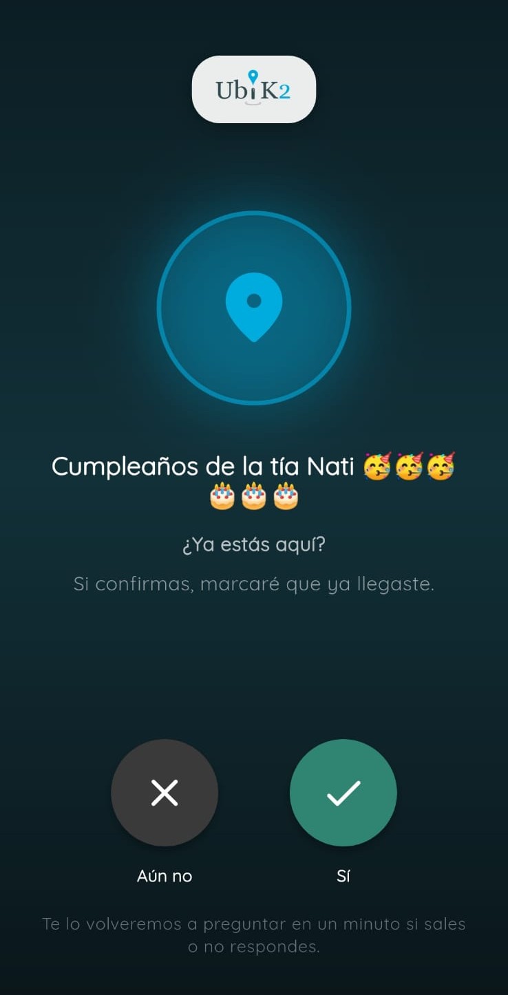 Alerta para confirmar llegada al encuentro