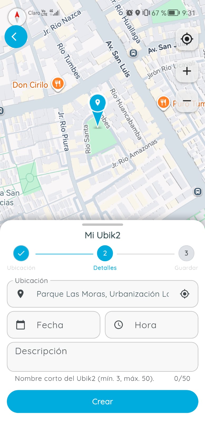 Pantalla para crear un UbiK2 con mapa y detalles