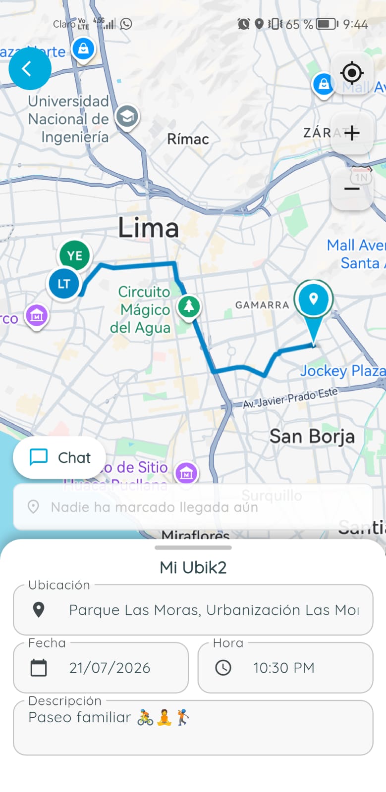 Mapa en vivo con ruta hacia el punto de encuentro